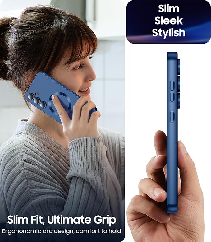 Magnetic for Samsung Galaxy S25 Case [Compatible with MagSafe][Built-in Camera Lens Protector] Slim Soft Silicone Bumper Shockproof Metallic Luster Phone Case (Blue)