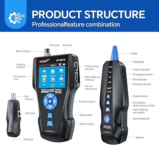 NOYAFA NF-8601S Network Cable Tester, Ethernet Tester Cable with LED Screen, PoE Test for RJ45/RJ11/BNC/Metallic Cable, Test Diagnostic Tool for PING Line Tracer, Crosstalk Test, Fault Location