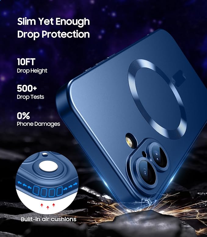 Magnetic for iPhone 16 Plus Case [Compatible with MagSafe][Built-in Camera Lens Protector] Slim Soft Silicone Bumper Shockproof Metallic Luster Phone Case (Blue)