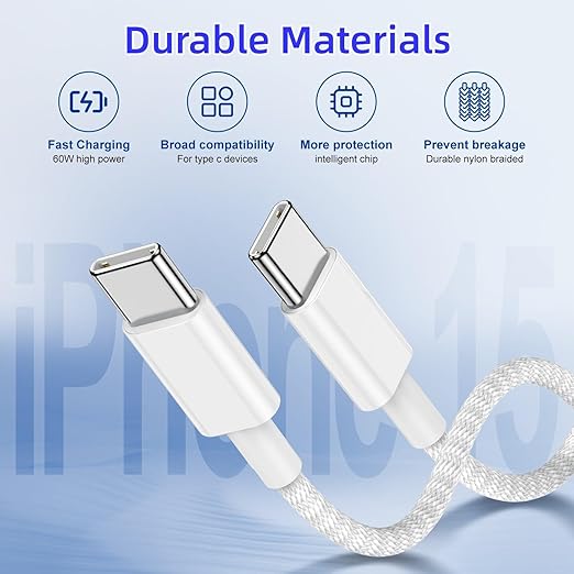 3-Pack Grey 3.3FT 60W USB C to USB C Cable, Type C to Type C Cable,Fast Charging Cable for iPhone 16 15 Pro Plus Pro Max，for Galaxy S24 S23, for iPad Pro/Air, for MacBook Pro/Air and More