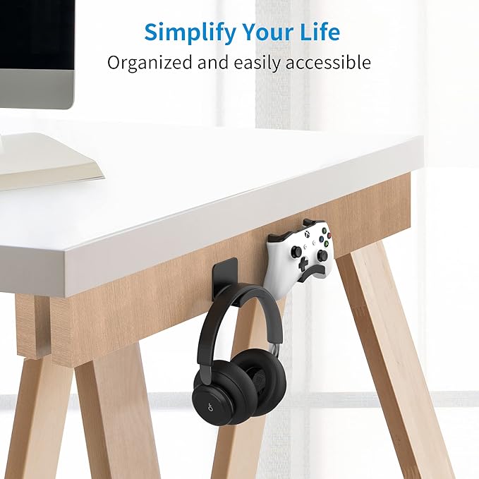 SOKUSIN Headphone Stand Headset Holder - Adhesive Gaming Earphones Hanger, Universal Desk Wall Mount Hook for All Headphone/Controller, Compatible with Beats, AirPods Max,Sony, JBL (Black-2PCS)