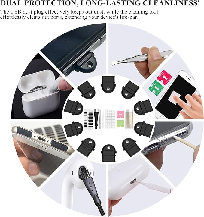 10PCS USB C with Grip Port Dust Plug, Easy Grip Dust Plug Cover, Type-C Dust Plug,Includes 8 Types Digital Product Cleaning and Protection Kits,for All Type C Ports,Compatible with iPhone 15 16
