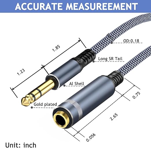 1/4 inch Extension Cable, 50ft, Male to Female Stereo Headphone Guitar Cable Copper Wire, Gold Plated Connectors, Tangle-Free, Compatible with Mixing Console, Speaker, Amplifier, Guitar