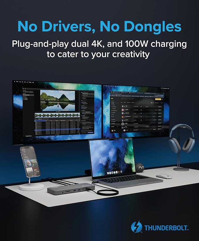 Plugable Thunderbolt 4 Dock for M4 MacBook Air & Pro: 100W Charging Driverless Laptop Docking Station with 4K HDMI Dual Monitor or Single 6K, 6X USB, SD, Ethernet, Thunderbolt Certified (TBT-UDM)