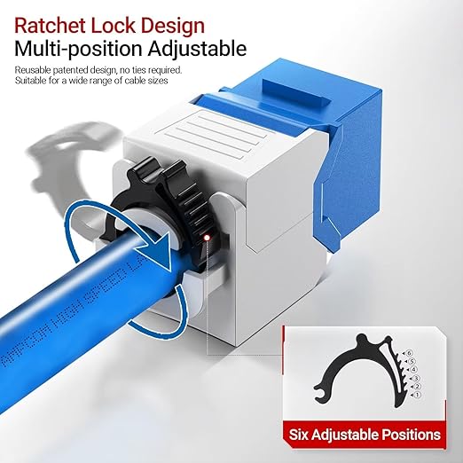 AMPCOM CAT6 RJ45 Keystone Jack - Reusable UTP Ethernet Wall Jack with Adjustable Ratchet Lock Design, No Tool and Zip Tie Required - 50u Gold Plated - Blue (2-Pack)