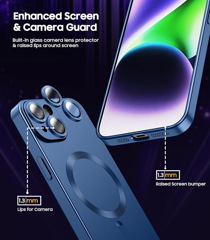 Magnetic for iPhone 14 Case [Compatible with MagSafe][Built-in Camera Lens Protector] Slim Soft Silicone Bumper Shockproof Metallic Luster Phone Case (Blue)