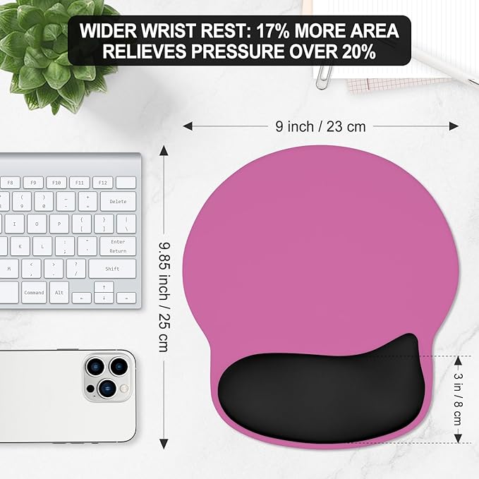 ITNRSIIET Ergonomic Mouse Pad with Wider Memory Foam Wrist Rest +17% - Curved Cushion Reduces Pressure 20%, Pain Relief, Non-Slip, Smooth, Cute Colors, 9.85 x 9 in, Black-Pink Contrast