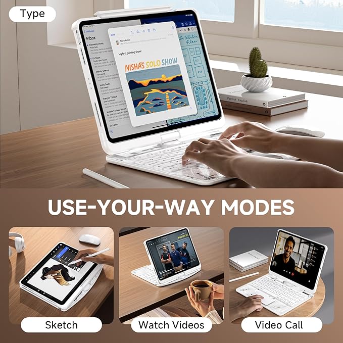 Transparent Case with Keyboard iPad Air (M3/M2,2025/2024) 11 Inch,Compatible 10.9" iPad Air 5th/4th & 11" iPad Pro 4/3/2/1,7-Color Backlit,Wireless Keyboard, 360°Rotating,with trackpad,White