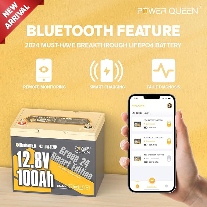 Power Queen Bluetooth 12V 100Ah LiFePO4 Battery with 14.6V10A LiFePO4 Battery Charger, Group 24 Deep Cycle Battery, 100A BMS with Low-Temp Cut-Off Protection for RV, Trolling Motors, Solar System