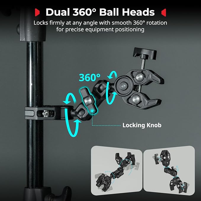 SMALLRIG Double Super Clamp Mount with Magic Arm, 360° Ballhead Pole Clamp for Umbrella, Chair Monitor Desk Photo Studio Light Stand, Photography Reflector, Motorcycle,Tripod Mount for Cross Bar