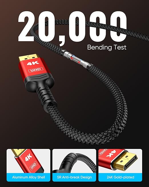 Highwings 4K DisplayPort to HDMI, 3.3ft Uni-Directional DP (Source) to HDMI (Display) 1.4 Cable, 4K@30Hz, 2K@60Hz, 1080P Full HD, Braided Cord for Dell, NVIDIA, AMD, Monitor, Projector (Red)