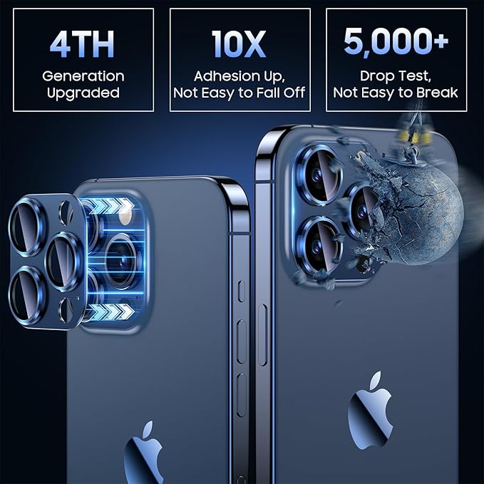 Uyiton Compatible with iPhone 15 Pro/iPhone 15 Pro Max Camera Lens Protector, [Not Easy to Break][Strong Adsorption][Case-Friendly] Metal Tempered Glass Rear Camera Screen Cover - Blue Titanium