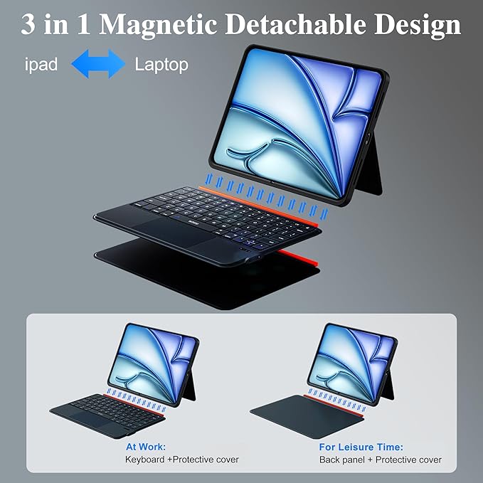 WIWU for iPad Keyboard Case 11 Inch A16 11th /10th Gen 3 in 1 Magnetic Detachable Case Keyboard Adjustable Stand Backlit Keys with Touchpad (Black, for iPad 11/10/Air 5/4/11"(M2/M3) Pro 11" 4/3/2/1)