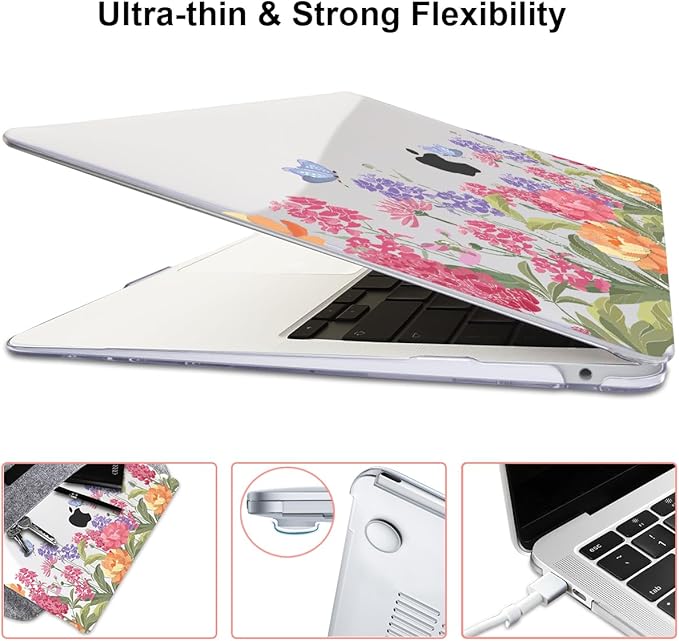 for MacBook Air 13 inch M1 Case 2021 2020 2019 2018 (Model M1 A2337 A2179 A1932) with Touch ID & Retina Display, Printed Pattern Hard Shell Case Keyboard Cover, Pink & Purple Flowers