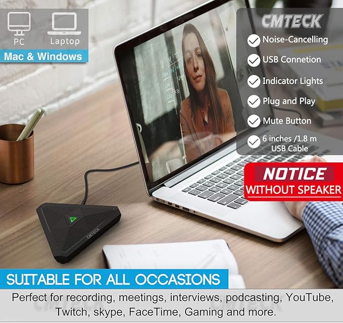 CMTECK Conference USB Microphone, Mute Button, Omnidirectional Condenser Boundary Mic for Recording, Streaming, Gaming, Skype (Windows/macOS)-Without Speaker