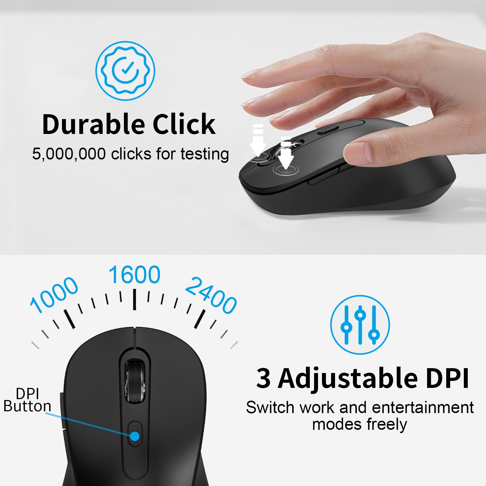 Wireless Mouse for Laptop, PC, Chromebook, Mac, MacBook, Silent Wireless Mouse with USB Nano Receiver, Side Button, 2400 DPI, Anti Slip Roller, 6 Button Ergonomics Cordless Computer Mice - Black