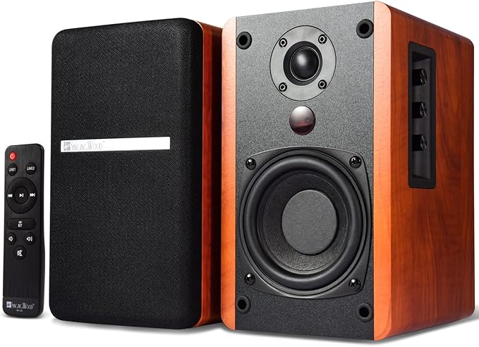 SINGING WOOD BT25 (2024 Version) Bluetooth Active Bookshelf Speakers for with Optical Aux inputs Subwoofer Line Out for PC, TVs, Turntable, Wooden Enclosure,80W - Cherry Wood