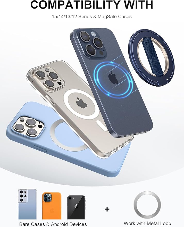 EWA MagOne Ultra Phone Grip Stand with Replaceable Elastic Finger Loop, Removable Magnetic Ring Holder Kickstand Loop, Double-Sided Magnetic Accessories for iPhone 16, 15, 14, 13 Pro/Max/Plus-Blue