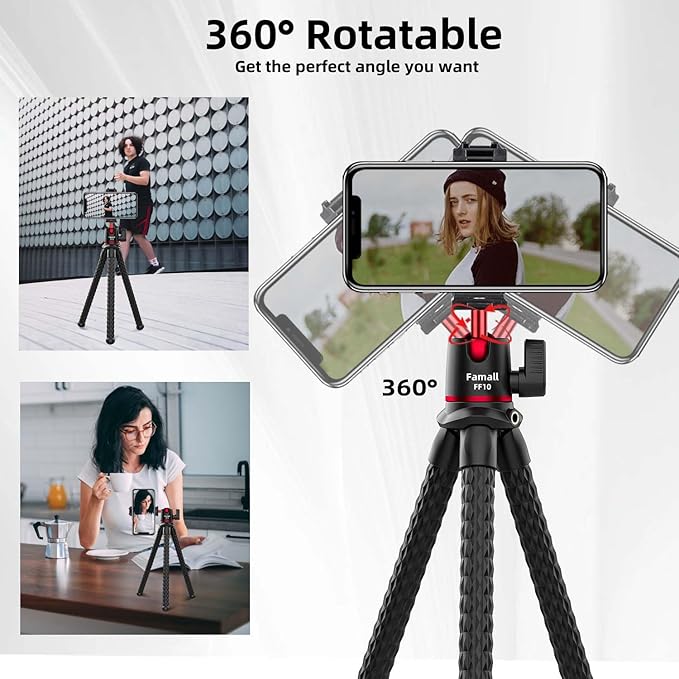 Famall Flexible Phone Tripod for GoPro, Mini Camera Stand with Remote, 1/4'' Screw with Phone Holder&Cold Shoe, Tripod Holder for iPhone Samsung Canon Nikon Sony Streaming Vlog Smartphone