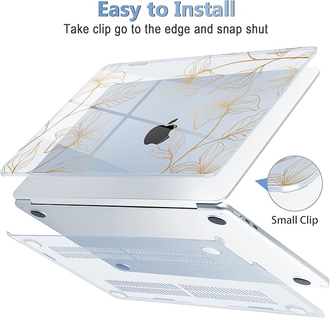 Mektron for 2025 MacBook Air 15 inch M4 Case A3241/ 2024 M3 A3114/ 2023 A2941 M2 Hard Printed Case with 15.3 Liquid Retina Display Touch ID, Plastic Hard Cover & Keyboard Skin- Gold Flower S718-Blue