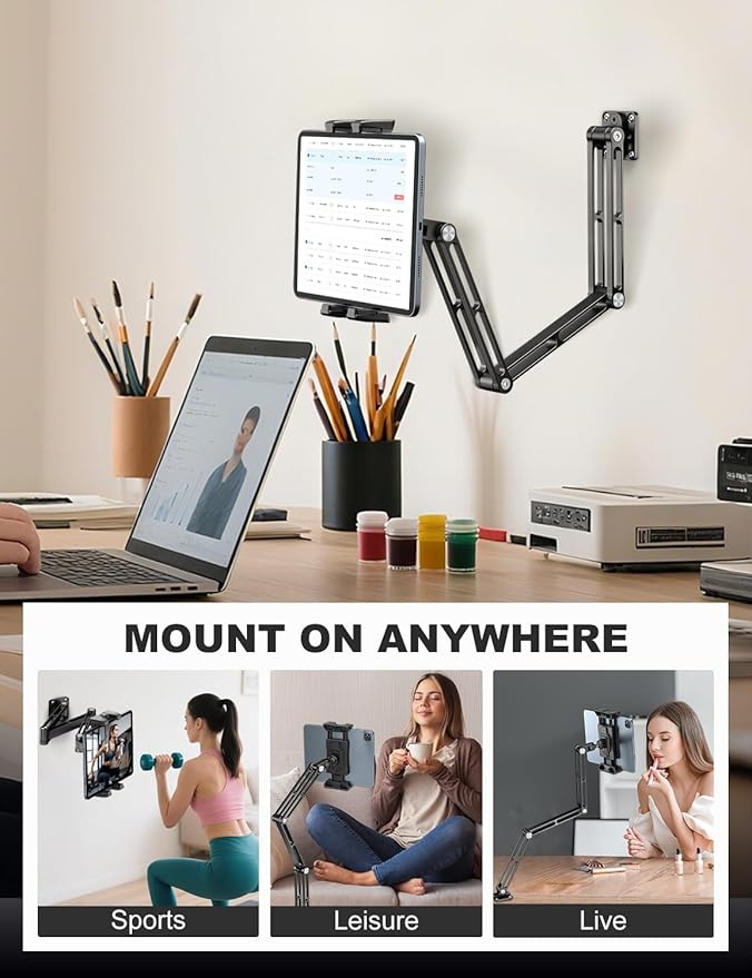 OHLPRO Aluminum Tablet Wall Mount Holder - 360° Adjustable & Extendable 3-Stage Arm for iPad Pro/Air/Mini, Galaxy Tab 5-13" | Heavy Duty Metal Stand for Kitchen, Office, Bedroom