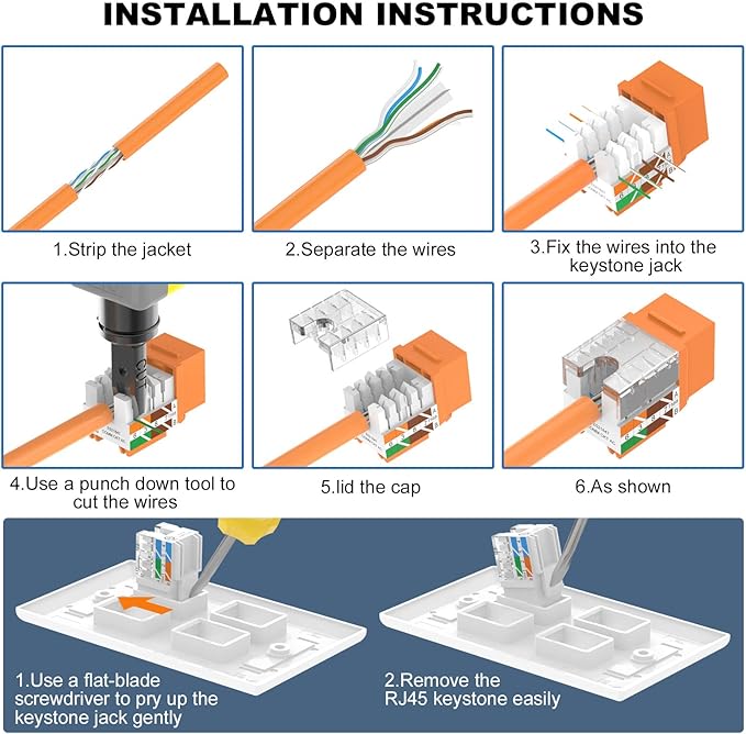 VCE UL Listed Cat6 RJ45 Keystone Jack Insert 25-Pack, 90 Degree Punch Down Keystone Jack Adapter Slim Profile Orange