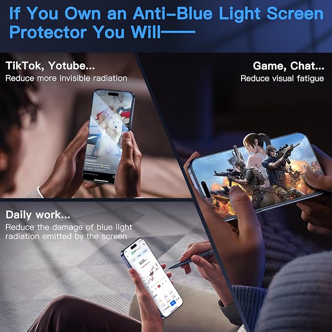 Uyiton Anti-Blue Light for iPhone 15 Pro Max Screen Protector - Unbreak-Glass Full Coverage Case Friendly Scratch Resistance 9H Tempered Glass Screen Protector for iPhone 15 Pro Max, 2 Pack