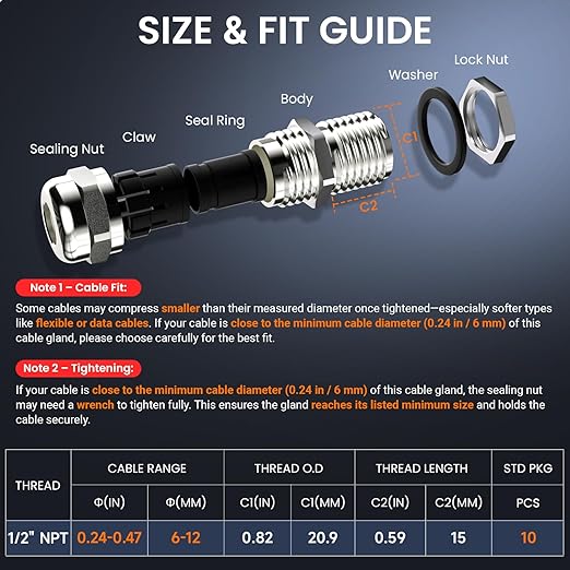 QILIPSU 4pcs 1/2" NPT 304 Stainless Steel Cable Gland Long Thread Waterproof IP68 Metal Strain Relief Cord Grip Cable Pass Through Wire Connector