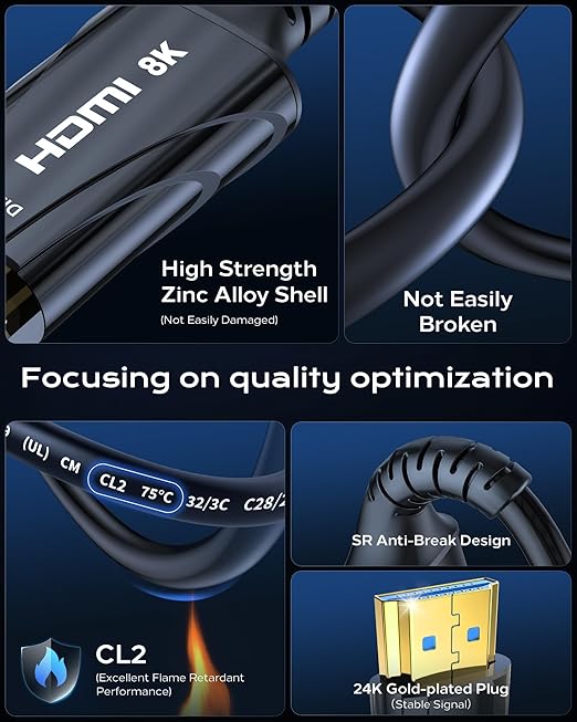 8K Long Fiber Optic HDMI Cable 100FT - 48Gbps, High Speed HDMI Cord CL2 in Wall,8K 60Hz,4K120Hz,HDCP 2.2&2.3,HDR10 - Compatible with HDTV/Monitor/Projector