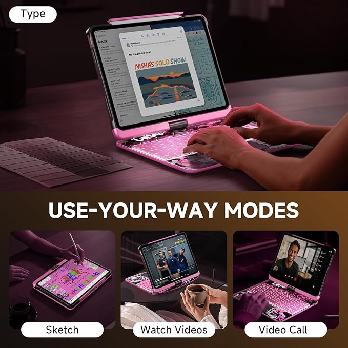 Transparent Case with Keyboard for 2024 iPad Pro 13 inch (M4), iPad Pro 13,7-Color Backlit,Magic Wireless Keyboard, 360°Rotating,Multi-Touch trackpad,Pencil Holder,with Shortcuts,Pink