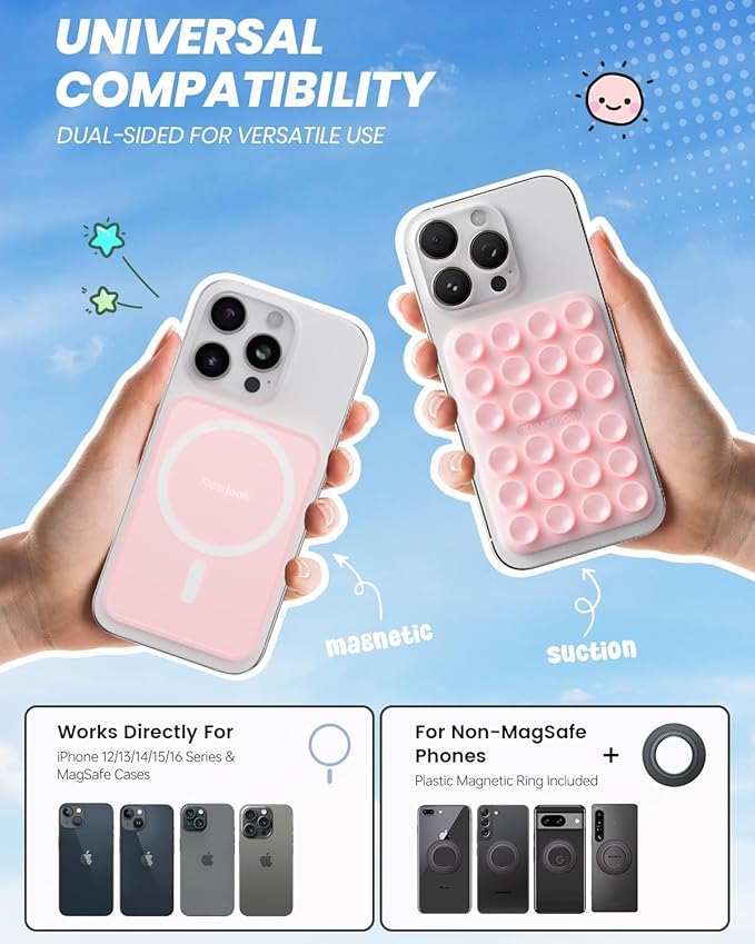 Klearlook 4PCS Magnetic Suction Phone Mount for MagSafe Case, Sticky Phone Grip Holder for iPhone, Removable Hands-Free Selfie/Video for TikTok Influencers, (Clear & Light Pink & Light Blue & Black)