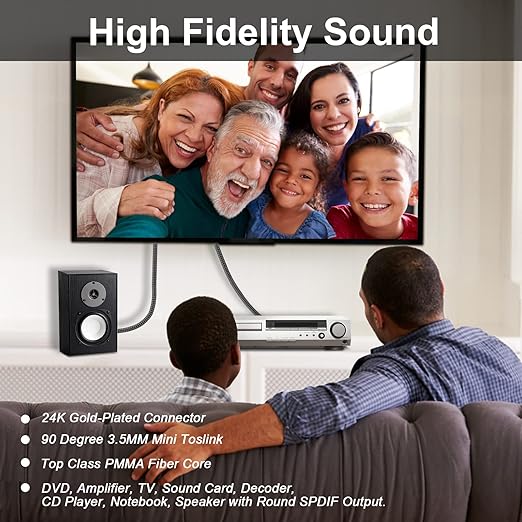 EMK Premium 90° Right-Angle Mini Toslink Cable (3Ft/1M) - 3.5mm Optical Digital Audio Cable for Sound Bars, TVs & Home Theater - SPDIF/Toslink Compatible, Black