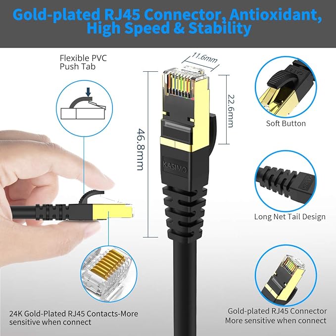 KASIMO CAT 8 Ethernet Cable Shielded SFTP Internet Network Patch Cord, Heavy Duty High Speed LAN Cables w Gold Plated RJ45 Connector Professional for Router, Modem, Gaming (5 Feet, 5 Pack Black)