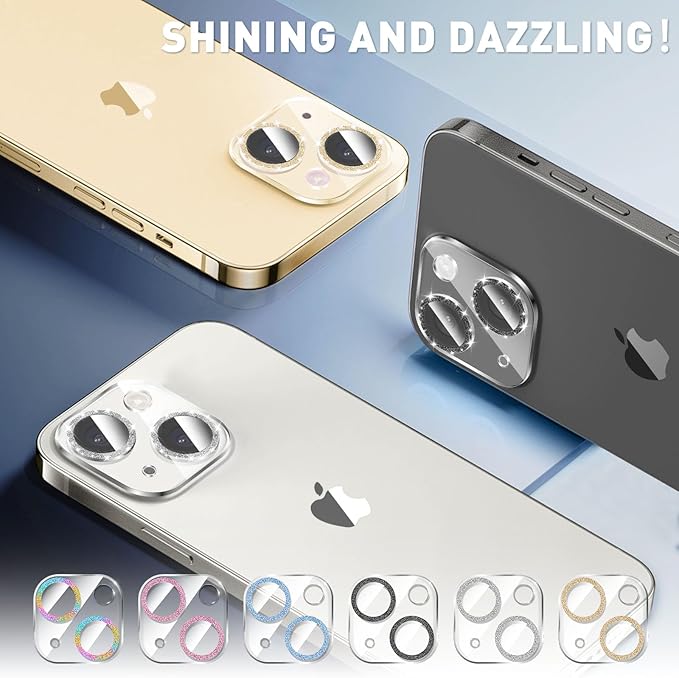 LucBuy 3PCS Sparkling Camera Lens Protector for iPhone 16/iPhone 16 Plus, Full Clear Acrylic Cover with Shiny Colorful Glitter Designed Decoration Back Camera Protector