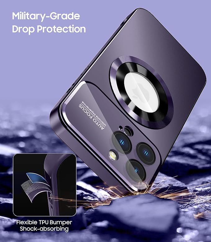 Magnetic for iPhone 12 Pro Case, Compatible with MagSafe, Built-in Camera Lens Protector, Logo View, Military Grade Drop Proof Phone Case Cover, Purple