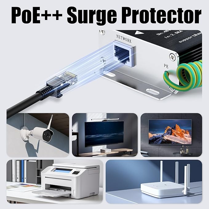 Ethernet Surge Protector Gigabit 2Pack, Network Protection PoE++, RJ45 Surge Protector 1000Mbps, Ethernet Lightning Arrestor LAN Network CAT5/CAT6 Thunder Arrestor-Mounting Flange (PTC/GDT)