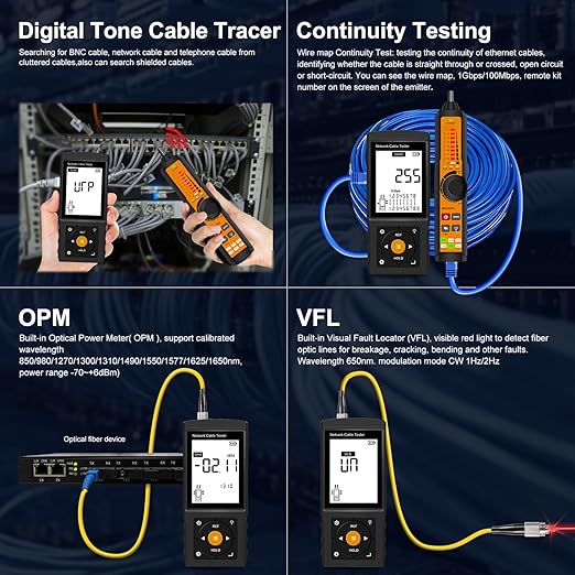 Rechargeable Digital Tone Cable Tester, WANLUTECH Tone Generator with Probe Support Optical Power Meter Visual Fault Locator PoE Test Cable Continuity Testing Port Flashing NCV (LT-300S)