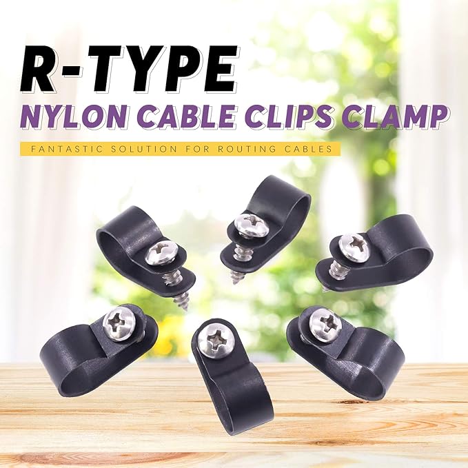 Swpeet 120 Pack Black 1/2 Inch Nylon Plastic R-Type Cable Clips Clamp Kit, Nylon Screw Mounting Cord Fastener Clips with 120 Pack Screws for Wire Management (1/2 Inch, Black)