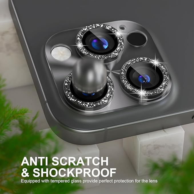 Choiche Compatible for iPhone 16 Pro/iPhone 16 Pro Max Camera Lens Protector, Bling Camera Cover with 9H Tempered Glass Lens Screen Protector Metal Ring Decoration Accessories(Clear-Black)