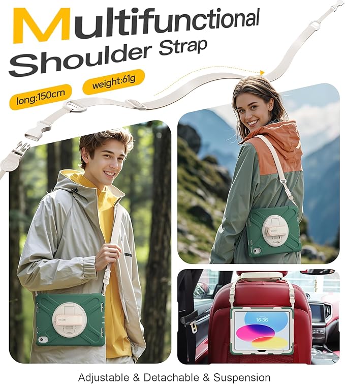 BRAECN for iPad (A16) 11th/10th Generation case 11/10.9 inch 2025/2022 Heavy Duty Shockproof Protective with Pencil Holder Screen Protector 360°Rotating Stand Handle & Shoulder Strap Full Body Cover