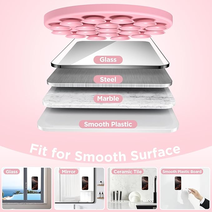 Magnetic Suction Cup Phone Mount for MagSafe Case, Silicone Hands-Free Grip Holder for iPhone and Android, Mirror Shower Phone Stand for Makeup FaceTime Gym Kitchen Bathroom, Pink