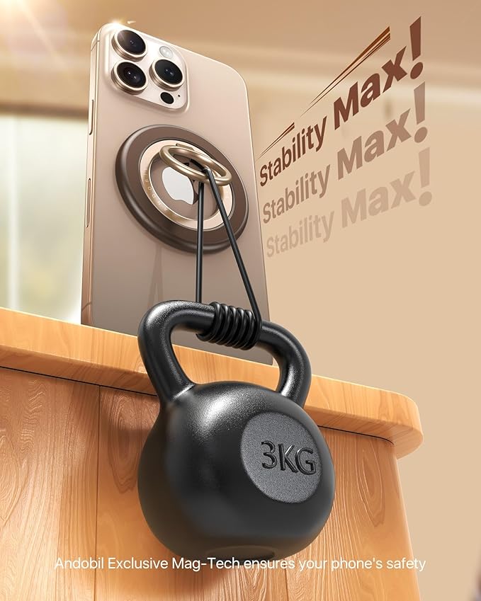 andobil [2025 Upgraded] Double-sided Magnetic Phone Grip for MagSafe [Sability Max] Strong Magnetic Phone Ring Holder Compatible with MagSafe Accessories, iPhone 16 Plus 15 14 13 12 Pro Max Mini Brown
