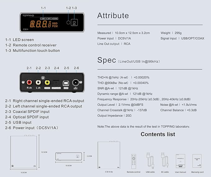Topping E30II lite DAC Preamp - AK4493S Hi-Res XMOS XU208 DAC 32Bit/768kHz DSD512 DSD Direct Mode for USB/Coax/Opt Inputs RCA HiFi Stereo Digital Audio Decoder(Silver)