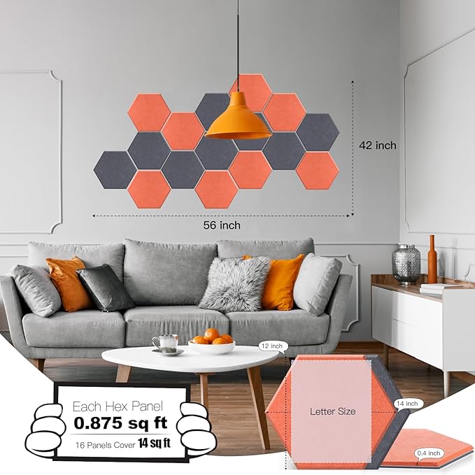 Mollywell Hexagon Acoustic Panels, High Density, Soundproofing, Decorative Noise Reduction Felt Wall Tiles for Ceilings, Home Office & Gaming Room (Moon Gray and Orange), 14x12x0.4 Inch
