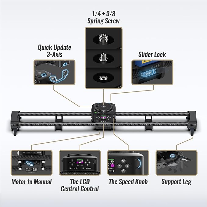 Zeapon AXIS 120 (2-axis) Multi-axis Motorized Camera Slider, 47''/120cm DSLR Dolly Carbon Fiber Electric Track, LCD Screen APP Control, Pan Head for 360° Panoramic Time-Lapse Follow Focus