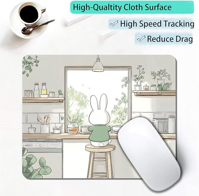 Cute Cartoon Anime Rabbit Custom Mouse Pad with Non-Slip Rubber, Small Square Design for Wireless Laptop & Computer Mouse Pads for Desk, 9.5 x 7.9 inch Smooth Surface for Gaming & Office