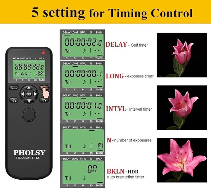 PHOLSY Camera Timer Remote Release Control with Intervalometer HDR for Nikon Z5, Z8, Z9, Z7ii, Z6, Z6ii, D750, D780, D7500, D7200, D5600, D5500, P7700, P7800, P950, D4, D5, D6, D800, D850, D810, D700