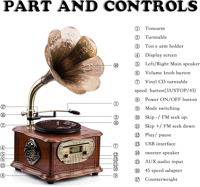 Wooden Phonograph Gramophone Turntable CD Player Stereo System Control 33/45 RPM FM AUX USB Ouput Bluetooth 4.2 … …