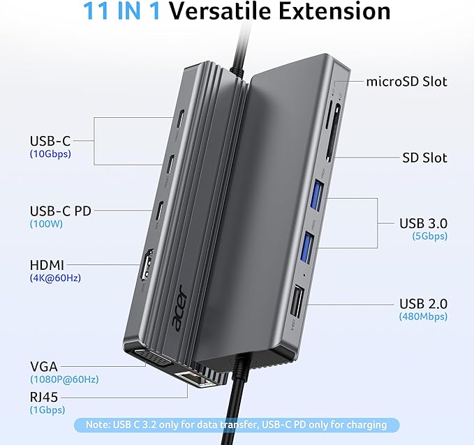 Acer 11 in 1 USB C HUB Multiport Adapter with 4K@60Hz HDMI, 1080P VGA, 2x10Gbps USB C, 2x5Gbps USB A, 100W PD Port, 1000Mbps Ethernet, SD/TF, Dual Monitor Docking Station for PC, Laptop, Desktop
