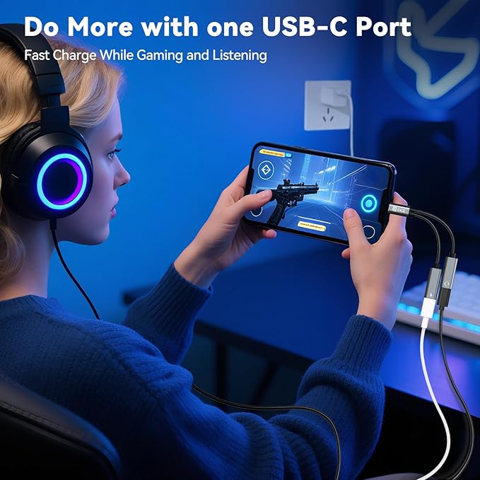 USB C Headphone Splitter,CCZ CA01 USB C to Type C Headphone Jack and Charger Adapter, 1 in 2 Out Dongle Hi-Res DAC Audio Cable with PD 60W Fast Charging for Samsung Galaxy S25 S24 S23 S22 (USBC-USBC)